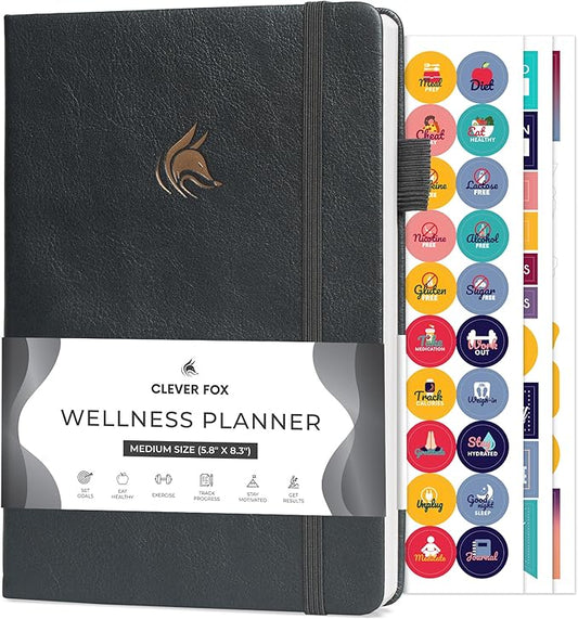 Clever Fox Wellness Planner - Weekly & Daily Health and Wellness Log, Food Journal & Meal Planner Diary for Calorie Counting, Notebook for Medical Condition Tracking, A5-Sized - Silver Black