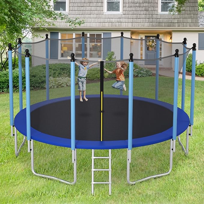 GYMAX Trampoline, 8FT 10FT 12FT 14FT 15FT 16FT Recreational Trampolines w/Safety Enclosure Net & Ladder - ASTM Certificated, Outdoor Trampoline for Kids and Adults