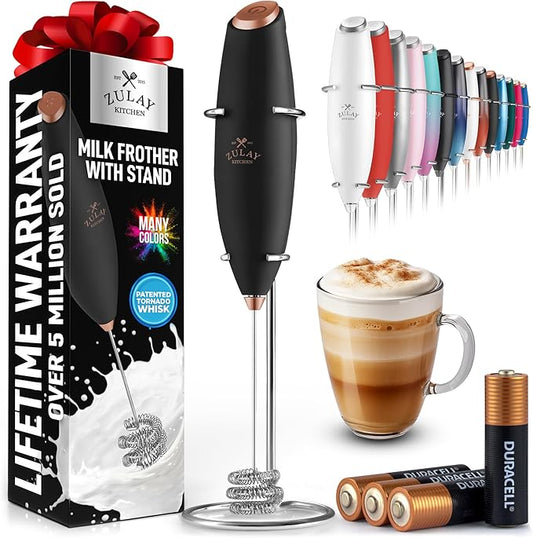 Zulay Kitchen Tornado Whisk Milk Frother with 4 AA Duracell Batteries - Triple Whisk for More Power - Handheld Coffee Frother with Stand - Drink Mixer for Lattes, Matcha & Protein Shakes