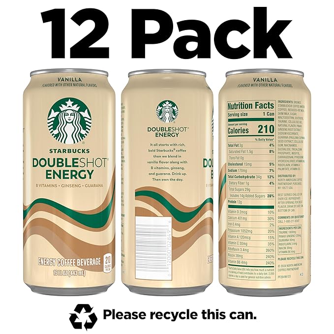 Starbucks Doubleshot Energy Drink Coffee Beverage, Vanilla, Iced Coffee, 15 fl oz Cans (Packaging May Vary) (Pack of 12)