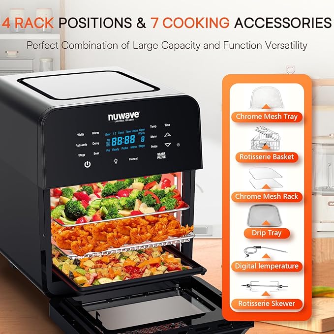 Nuwave Brio 15.5Qt 10-IN-1 Air Fryer Rotisserie Oven, XL Family Size, Even & Crisp AirFry, Reheat, Roast, Dehydrate for Quick Meals, 50°-425°F Control, 100 Presets & 50 Memory, Dishwasher-Safe, 1800W
