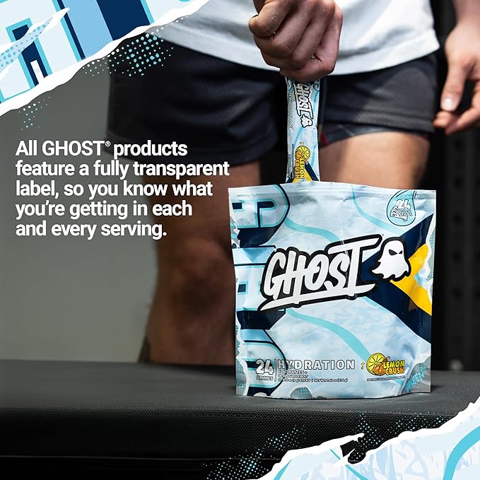 GHOST Hydration Packets, Lemon Crush, 24 Sticks, Electrolyte Powder - Drink Mix Supplement with Magnesium, Potassium, Calcium, Vitamin C - Vegan Friendly, Free of Soy, Sugar & Gluten