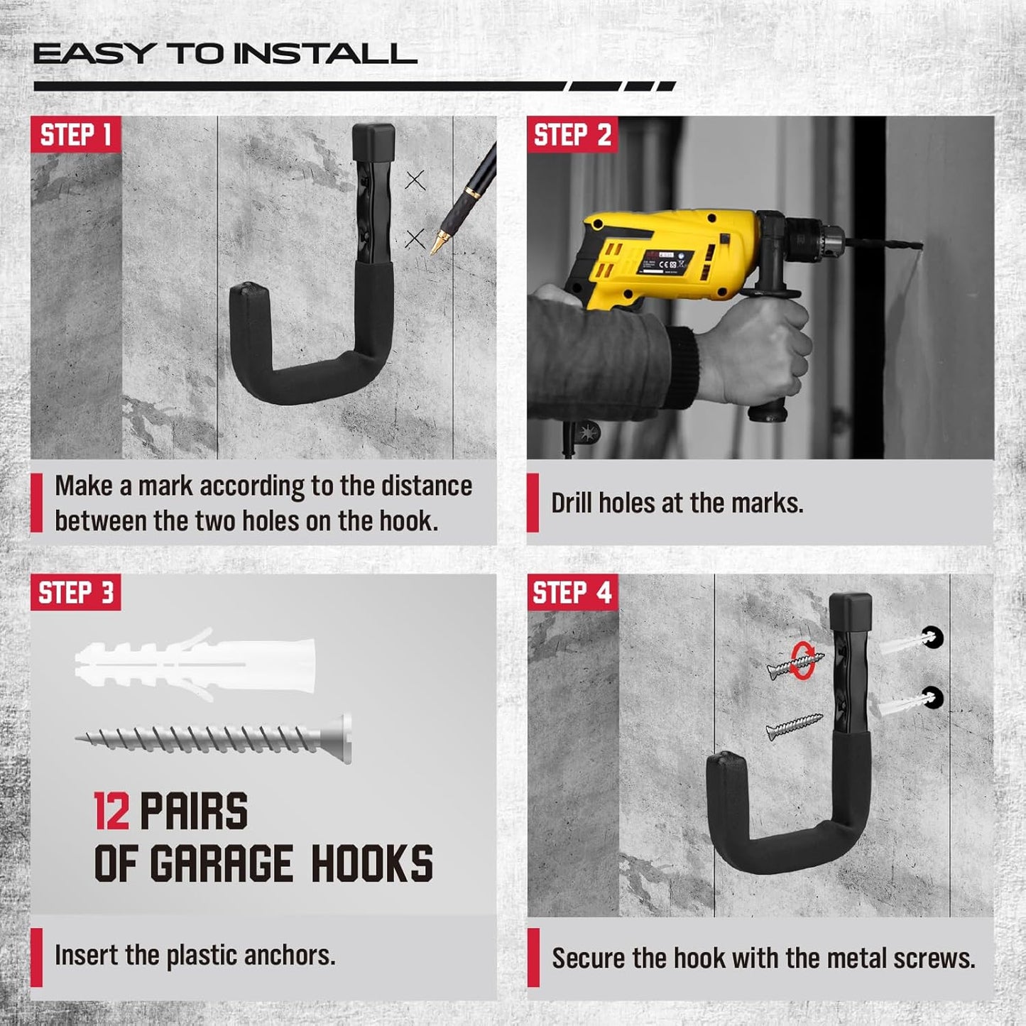 SEDY 6-Piece Heavy Duty Garage Storage Hooks, Wall Mount J Utility Hooks Holds 88 LB, Large Metal Utility, Garage Storage Ladders for Bikes, Garden Tools