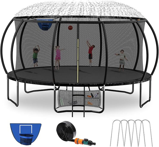 Trampoline 8FT 10FT 12FT 14FT 16FT, Outdoor Trampolines for Kids and Adults, Recreational Trampoline with Enclosure Net & Ladder, Round Trampoline ASTM Approved, 400/450LBS Weight Capacity