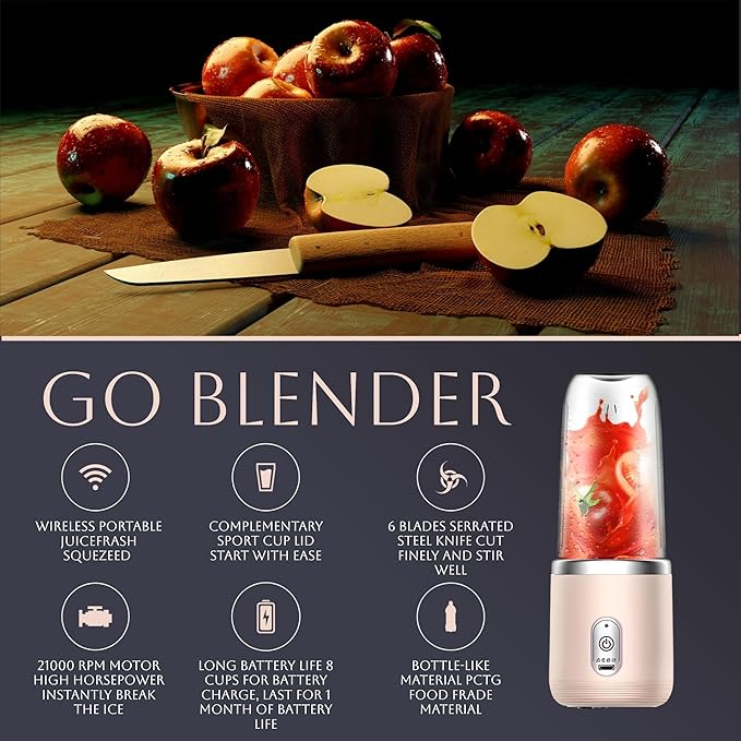Paramexview® Portable Blender 14oz for Juices & Smoothies with 6 blades Puwerful performances Fusion Blender | USB Rechargeable, Lid, Cup included | Fit for travel and outdoor activities (Pink)