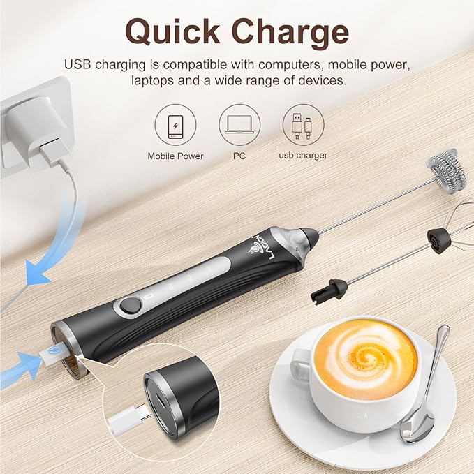 Rechargeable Frother Wand with Stand, Milk Frother with Detachable Stainless Steel Double Rings Whisk, 3-Speed Handheld Electric Drink Mixer for Lattes, Cappuccino, Coffee