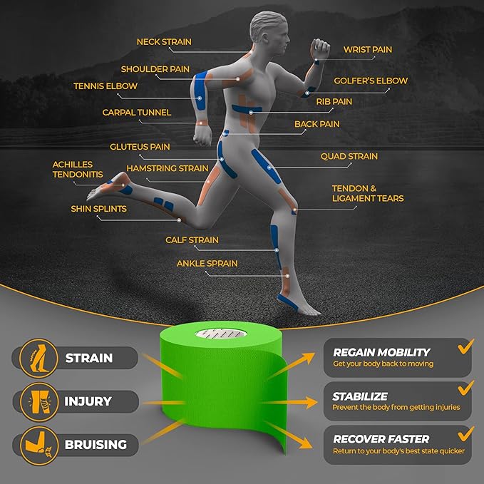 Kinesiology Tape-Incredible Support for Athletic Sports and Recovery + Free Taping Guide - Pre-Cut 2 inch 100 feet (Lime Green + Free Taping Guide, 1 Pack)