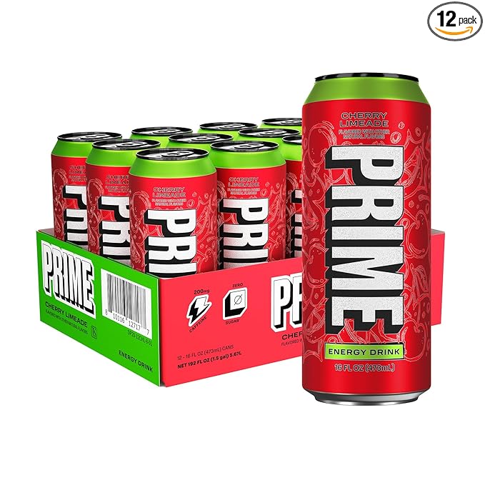 PRIME Energy CHERRY LIMEADE, Zero Sugar Energy Drink, 200mg Caffeine and 300mg of Electrolytes for Hydration, Vegan, Gluten Free,16 Fluid Ounce, 12 Pack