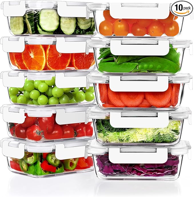 VERONES 10 Pack 22 OZ Glass Meal Prep Containers, Airtight Glass Lunch Containers Set,Glass Food Storage Containers with Lids,BPA Free, for Microwave, Oven, Freezer & Dishwasher Friendly,White
