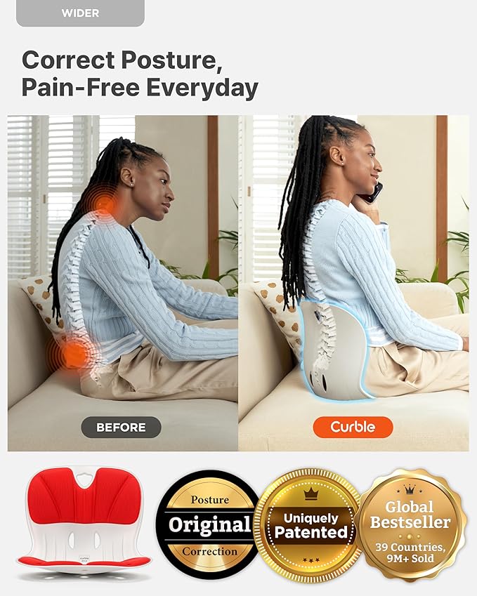 Curble Wider(Standard Wide) 2PACK – Ergonomic Lower Back Chair Support, Lumbar Support Back Posture Corrector, Back Pain Relief, Perfect for Office, Floor Seat and Work from Home, Patented (2P Red)