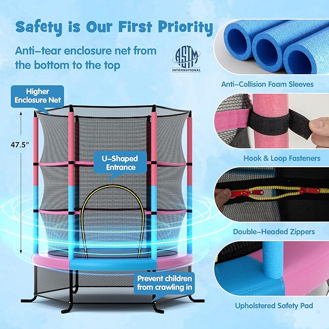 GYMAX Toddler Trampoline, 55” Trampoline for Kids with Bottom-to-Top All-Round Enclosure Net & Seamless Jumping Mat, ASTM Approved Easy Assembly Kids Mini Trampolines Indoor/Outdoor
