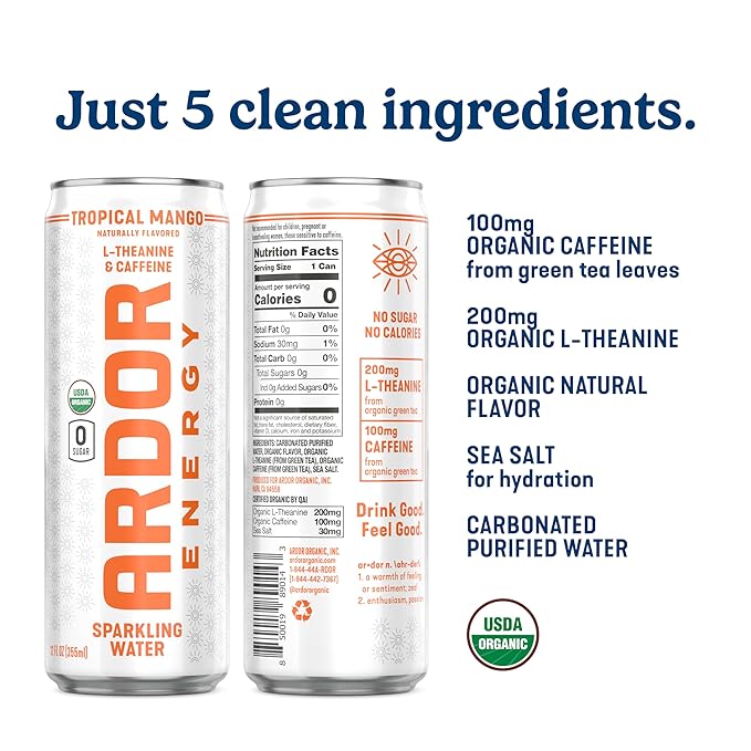 ARDOR ENERGY Sparkling Water with 100mg Natural Caffeine & 200mg L-Theanine from Organic Green Tea for Smooth Energy & Focus | Healthy Energy Drink | No Sugar, Zero Calories, Vegan, Gluten-Free | Tropical Mango (Pack of 12, 12oz cans)