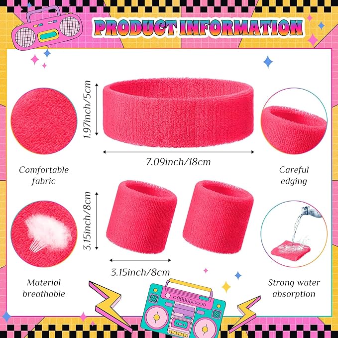3 Pack Neon Sweatbands Sports Wristband and Headband 80s Sweatbands for Party Football Basketball Baseball Soccer