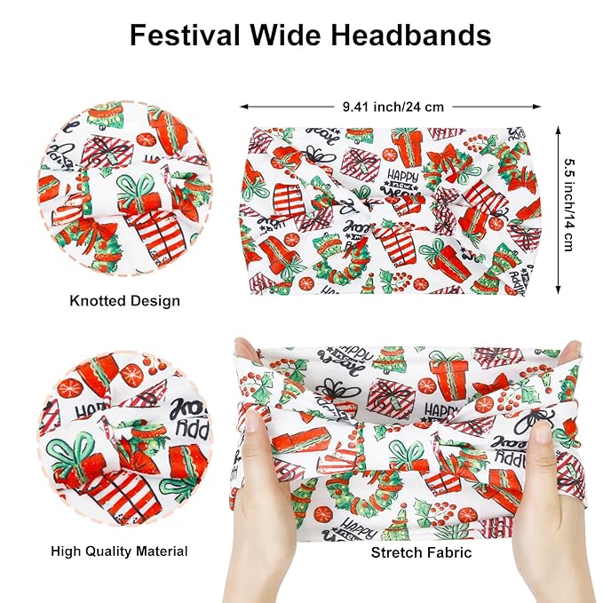 Huachi Christmas Headbands for Women Cute Knotted Head Bands Girls Hair Accessories Red Green Hairbands Fashion Snow Funny Hairwear Holiday Gifts (Pack of 4)