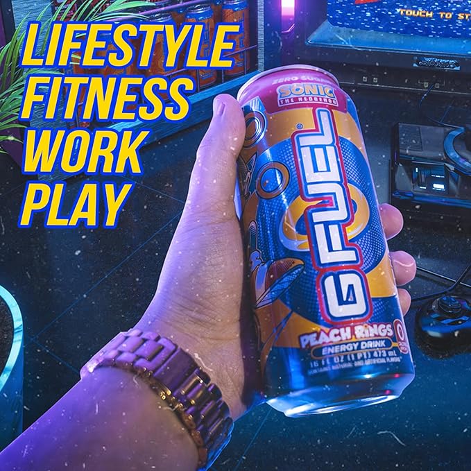 G Fuel Energy Drink, Peach Ring Candy, Sugar Free Beverage with 300mg Caffeine, Daily Energy Boost with Focus Amino, Vitamin + Antioxidants, 16 oz Cans (Sonic, 12-Pack)