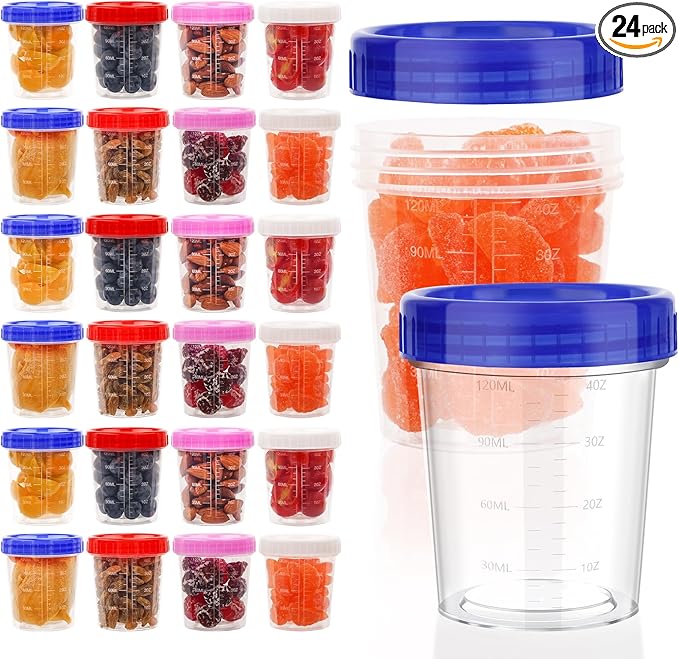 XSEINO 24 Pack 4oz Salad Dressing Container to Go,Small Transparent Containers with Leakproof & Screw Lids, Microwave & Dishwasher Safe, Reusable and Stackable