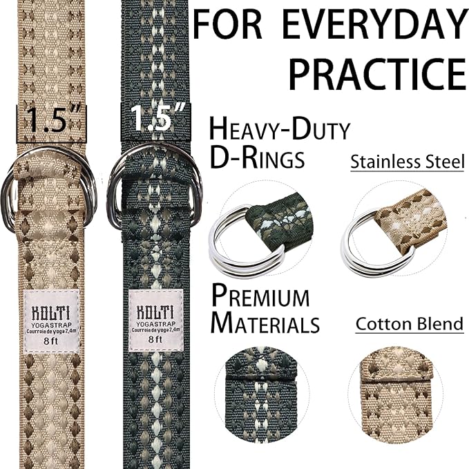 Yoga Exercise Adjustable Straps 8FT with Durable D-Ring for Pilates & Gym Workouts | Hold Poses, Stretch, Improve Flexibility & Maintain Balance