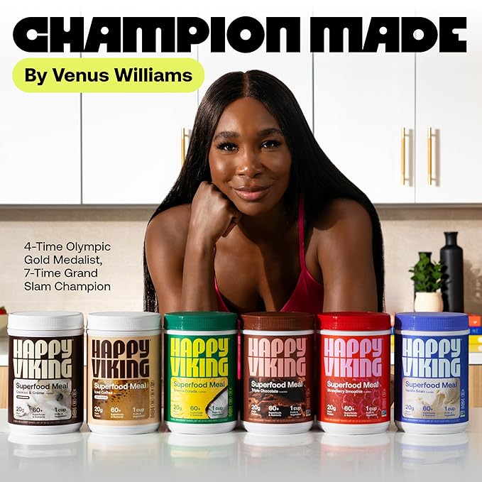 Happy Viking Variety Pack Plant Protein Powder, Created by Venus Williams, 20G Protein, Low Carb, Keto, Vegan, Gluten-Free, Non-GMO, Superfoods, Complete Meal Replacement, 8 Single Serve Packs