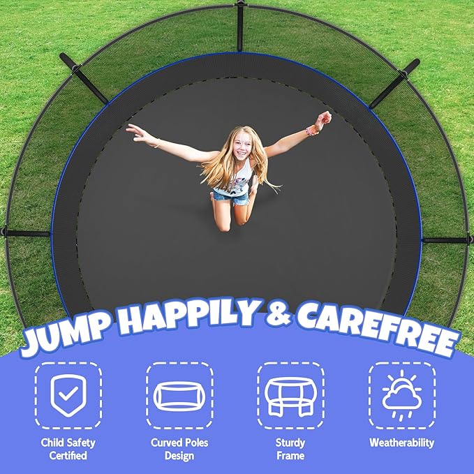 Trampoline 8FT 10FT 12FT 14FT 16FT, Outdoor Trampolines for Kids and Adults, Recreational Trampoline with Enclosure Net & Ladder, Round Trampoline ASTM Approved, 400/450LBS Weight Capacity
