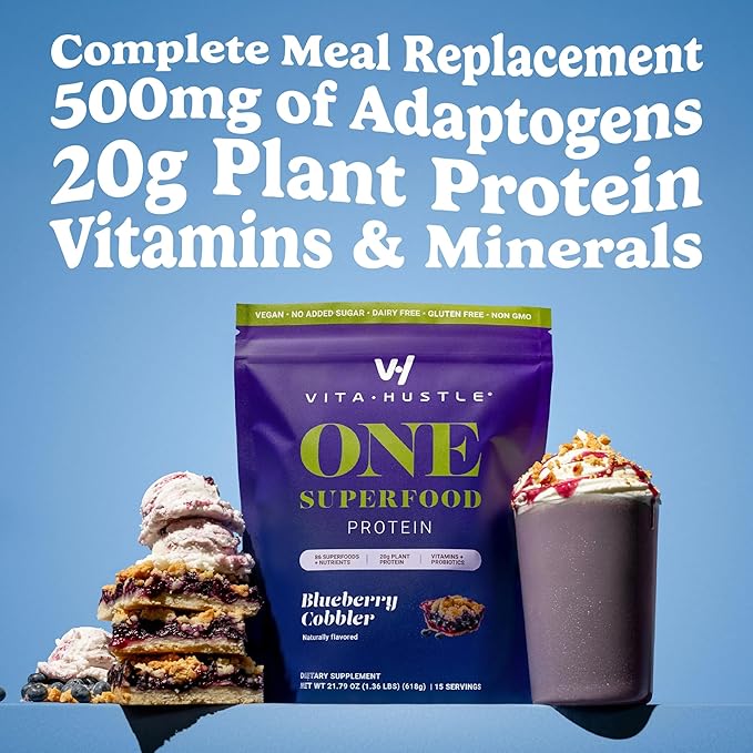 VitaHustle ONE Meal Replacement Shake - Plant Based Protein Powder by Kevin Hart - Vegan, Meal Replacement Powder with Superfoods, Vitamins, Adaptogens & Probiotics - Blueberry Cobbler Flavor, 15 Servings