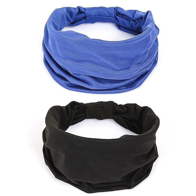 GILI 2 Pack Wide Headbands for Women Boho African Knotted Non Slip Fashion Hair Bands Yoga Running Sports Workout Gym Head Wraps Elastic Soft Cotton Cloth Turbans Bandana for Girls(Black, Blue)