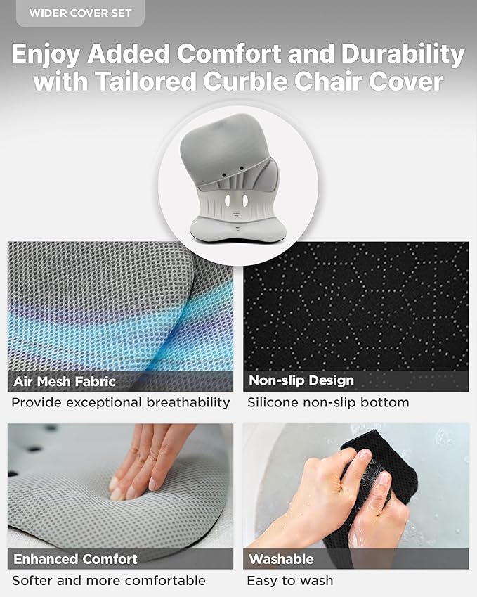 curble Wider(Standard Wide) Cover Set – Lower Back Support Chair with Detachable Cover, Lumbar Support Back Posture Corrector, Back Pain Relief (Set Grey)