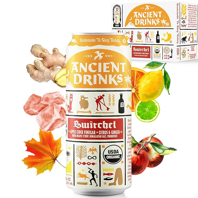 ANCIENT DRINKS Apple Cider Vinegar Beverage with Electrolytes, Vitamins, & Probiotics, Organic, Super-Hydrating Sports Drink - Switchel (Citrus & Ginger) - 16 fl oz (12 cans)