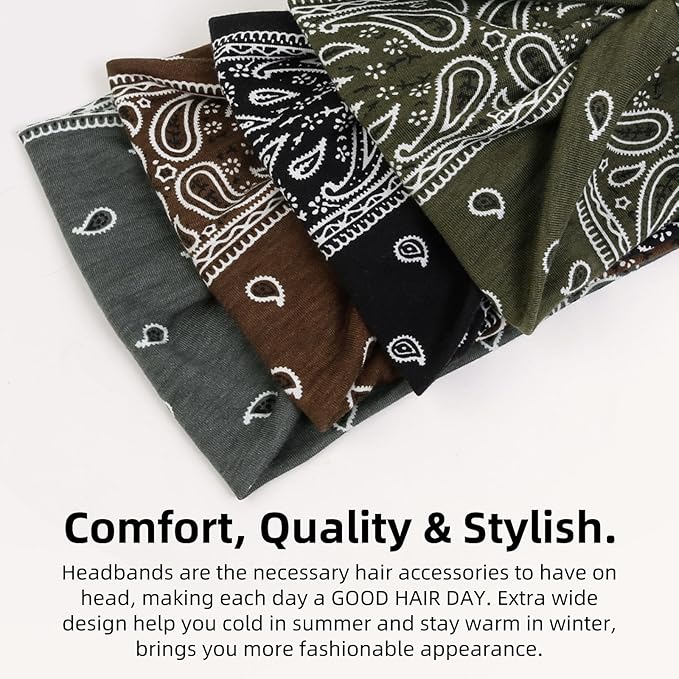 Huachi 4 Packs Thick Boho Stylish Floral Turban Wide Headbands for Women - Non Slip Hairbands for Hair, Sport, Workout, Yoga, Hair Accessories (Pack of 4)