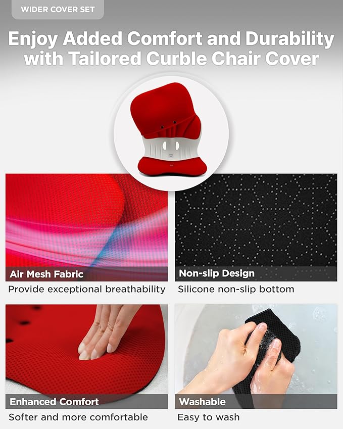 curble WIDER(Standard Wide) COVER SET – Lower Back Support Chair with Detachable Cover, Lumbar Support Posture Corrector, Back Pain Relief (Set Red)