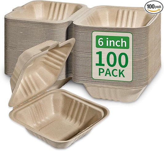Aricsen Compostable 100 Pack 6x6 Inch Disposable Square Small Lunch Box Takeout Containers with Lid To Go Take Out Clamshell for Food, Eco-Friendly Biodegradable Bagasse, PFAS-Free, Unbleached Brown