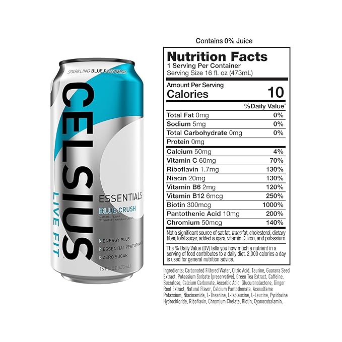 CELSIUS ESSENTIALS™ Sparkling Blue Crush, Sugar Free Performance Energy Drink, 16 Fl Oz (Pack of 12)