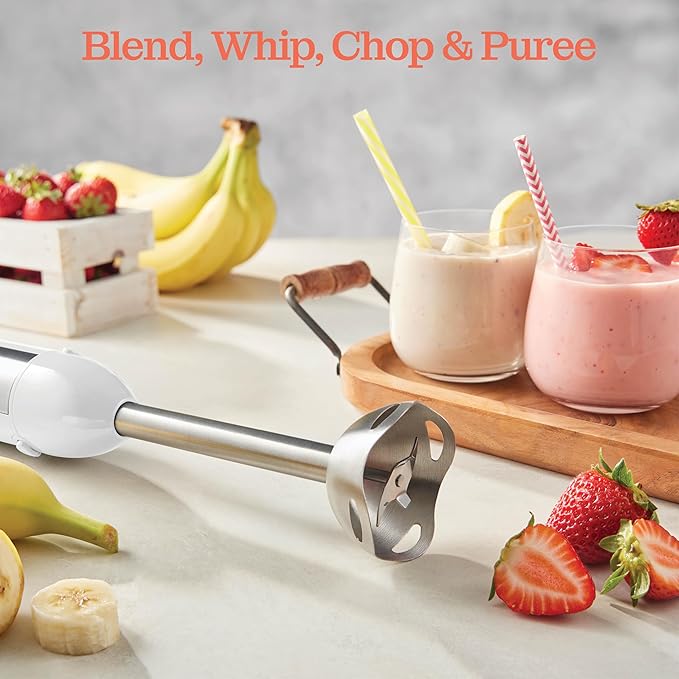 Powerful Immersion Blender, Electric Hand Blender 500 Watt with Turbo Mode, Detachable Base. Handheld Kitchen Blender Stick for Soup, Smoothie, Puree, Baby Food, 304 Stainless Steel Blades (White)