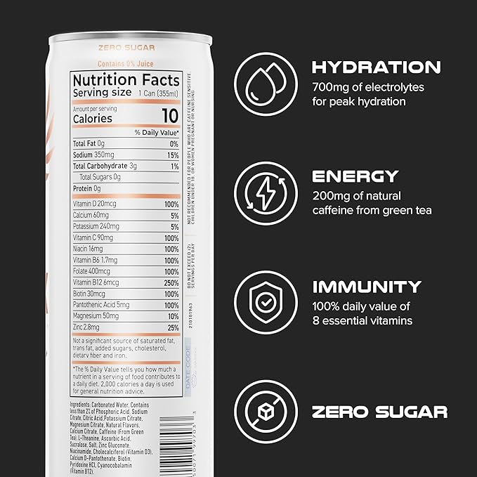 PHX Hydration Energy Drink - 700mg Electrolytes, 200mg Natural Green Tea Caffeine, 100% Daily Value 8 Essential Vitamins - 12 oz Cans (12 Pack) (12 Pack, Peach)