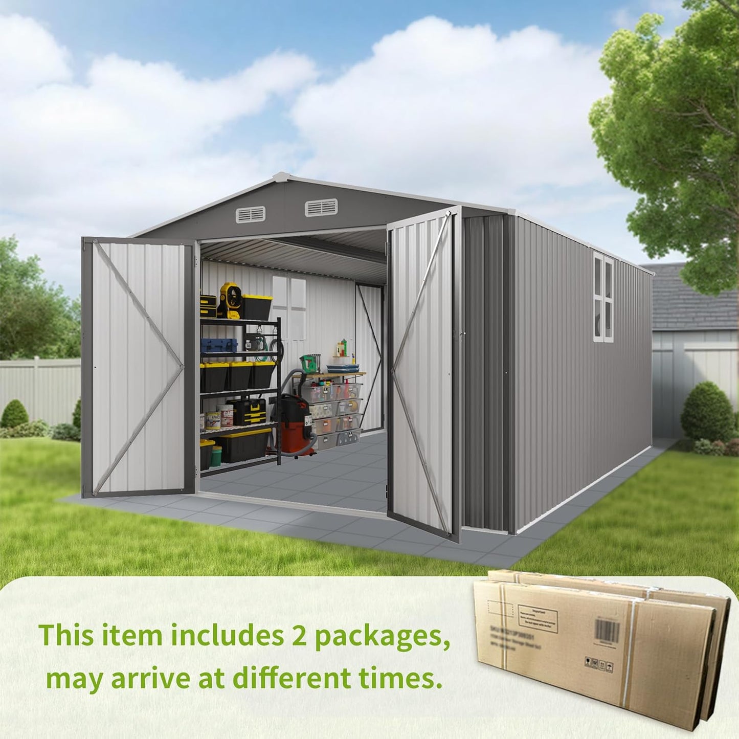10 x 14 FT Outdoor Storage Shed, Metal Garden Tool Shed with Slooping Roof, Lockable Doors, All-Weather Bike Shed Easy to Assemble for Backyard, Patio, Lawn, White+Black
