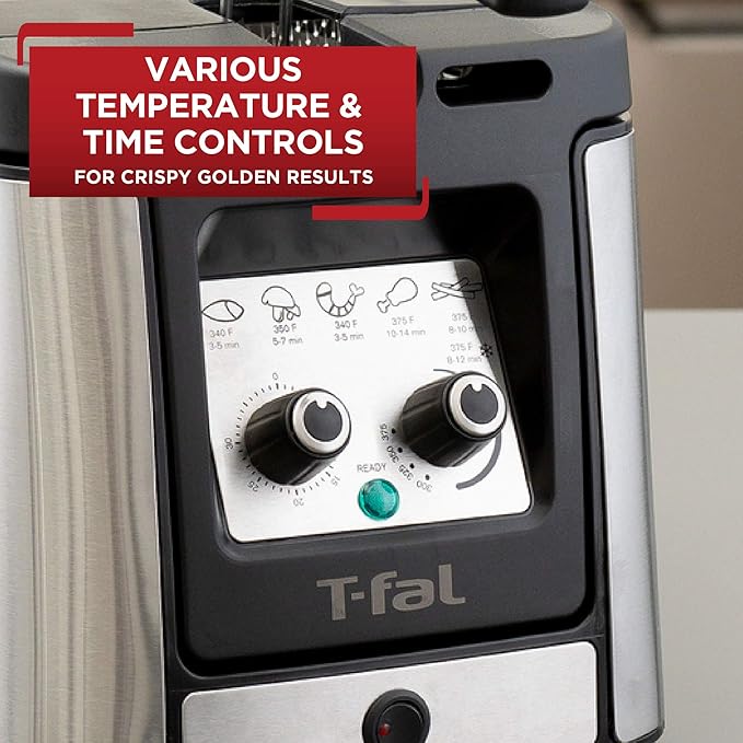 T-fal Deep Fryer with Basket, Electrics Stainless Steel 3.5 Liter Oil Capacity, 2.6 Pound Food Capacity 1800 Watts Easy Clean, Temp Control, Digital Timer, Oil Filtration, Dishwasher Safe Parts Silver