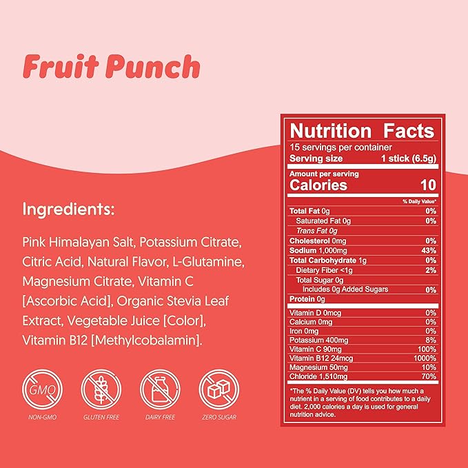 Waterboy Workout Hydration | 2,960mg Sugar Free Electrolyte Powder Packets | L-Glutamine + Vitamins | No Sugar, All Natural, Gluten Free | 15 Drink Stick Mixes (Fruit Punch)