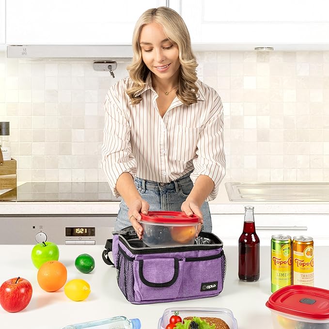 opux Lunch Bag Women Insulated, Adult Lunch Box Cooler, Lunch Box for Men, Dual Compartment Lunchbox for Work, Leakproof Double Decker Lunch Bag, Soft Lunch Pail Tote Girls Boys Kids School, Purple