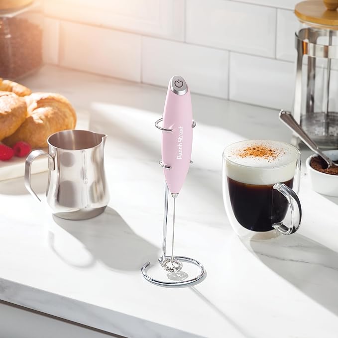 Powerful Handheld Milk Frother, Mini Milk Foamer, Battery Operated Stainless Steel Drink Mixer with Frother Stand