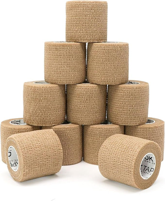 OK TAPE 12 Rolls Self Adhesive Bandage Wrap, Elastic Athletic Tape, Self Stick Bandage Tape, Vet Wrap, Medical Wrap for Wrist, Feet, 2" x 5 Yards - Beige