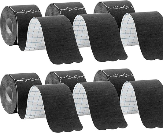 Kinesiology Tape Precut (6 Rolls,120 Precut Strips) Waterproof Sports & Athletic Tape Therapeutic Physio Elastic Sports Tape Pain Relief Adhesive for Muscles Shin Splints Ankle Knee & Shoulder(Black)