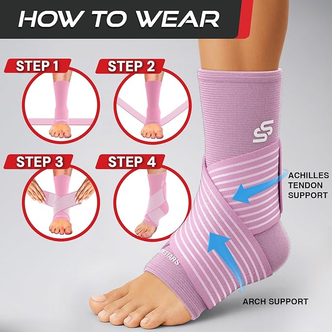Sleeve Stars Ankle Brace for Women & Men, Ankle Wrap for Sprained Ankle, Compression Sleeve for Plantar Fasciitis Relief, Easy Customizable Support: w/Removable Strap (Single/S:9"-10"/Baby Pink)