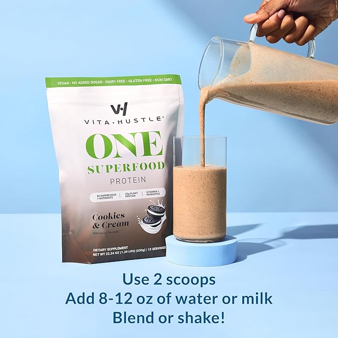 VitaHustle ONE Meal Replacement Shake - Plant Based Protein Powder by Kevin Hart - Vegan, Meal Replacement Powder with Superfoods, Vitamins, Adaptogens & Probiotics - Cookies and Cream Flavor, 15 Servings