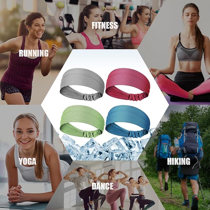 Coume 4 Pcs Cooling Headbands for Women Men Sweat Absorbing Headbands Stretchy Sports Hair Bands for Running, Yoga, Golf, Camping, Biking, Tennis