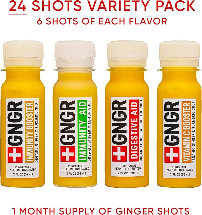 '+GNGR 24 Shots Variety Pack of Organic Immunity Boosting Ginger Shots - Cold Pressed Ginger Shots for All Natural Digestive and Immune Support - Nothing Artificial - USDA Organic (2 Fl Oz, 24 Pack)