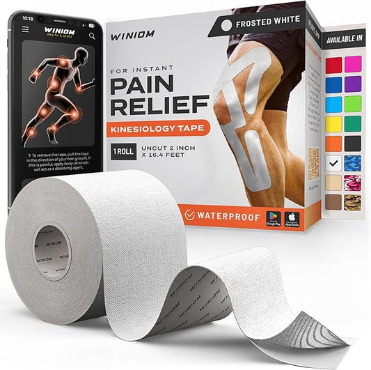 Kinesiology Tape-Incredible Support for Athletic Sports and Recovery+Free Taping Guide-Uncut 2 inch 16.4 feet Roll (Frosted White + Free Taping Guide, Pack of 1)
