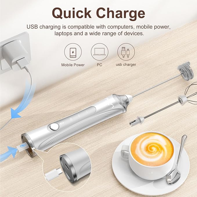 Rechargeable Frother Wand with Stand, Milk Frother with Detachable Stainless Steel Double Rings Whisk, 3-Speed Handheld Electric Drink Mixer for Lattes, Cappuccino, Coffee (Sliver)