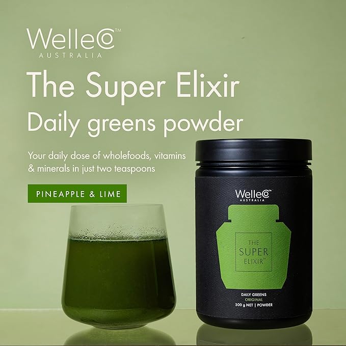WelleCo The Super Elixir Daily Greens Powder, Probiotic Drink Mix with Whole Foods, Gluten Free, Vegan Gut Health Powder, Energy, Immunity, Healthy Skin, Hair & Nails (300g, Pineapple & Lime Jar)