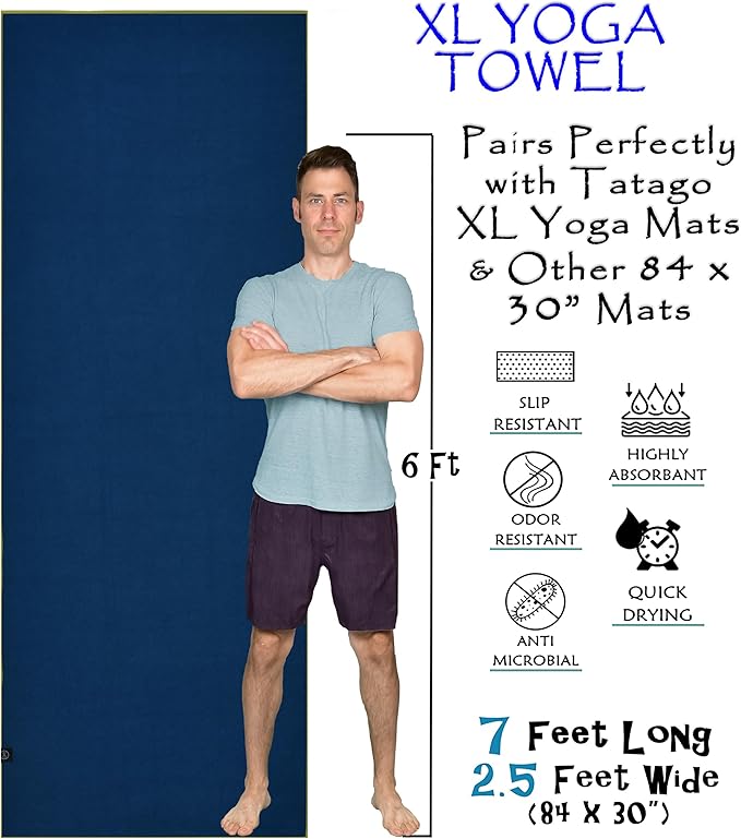 Tatago Hot Yoga Mat Towel Non Slip for Hot Yoga (72-84 inch Mats) Our Hot Yoga Towel Non Slip Silicone Dabs & Absorbent Microfiber Blend Gives You More Grip As You Drip! (Azuloro, XL - 84")