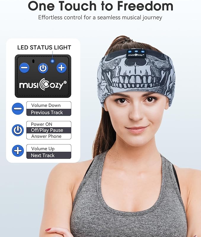 MUSICOZY Sleep Headphones Bluetooth Headband, Wireless Sleeping Headphones Music Sport Headbands, Long Time Play Sleeping Headsets Built-in Thin Speakers, Skulls Design for Sleeping Yoga