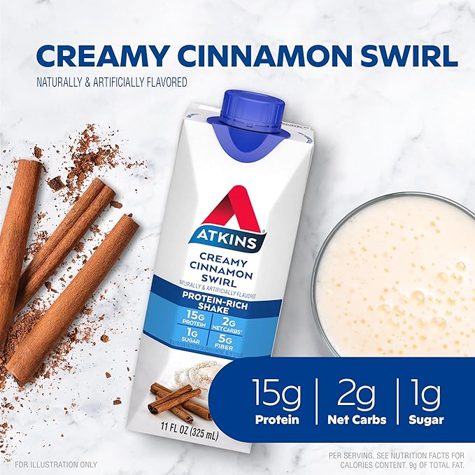 Atkins Creamy Cinnamon Swirl Protein Shake, 15g Protein, Low Glycemic, 2g Net Carb, 1g Sugar, Keto Friendly, 12 Count